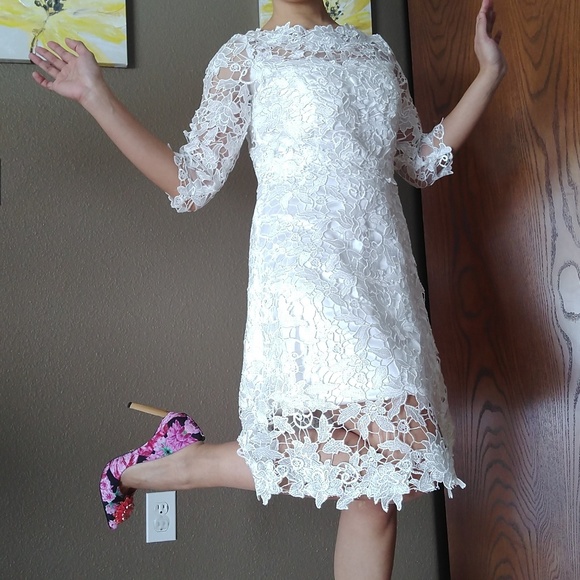 NWOT Metisu White Cut Out Lace Midi Flare Dress - Picture 5 of 8